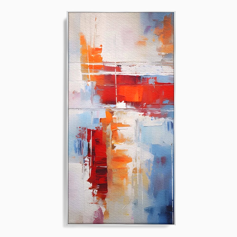 Tablou canvas cu pictura abstracta cu rosu si albastru, in rama de aluminiu argintiu